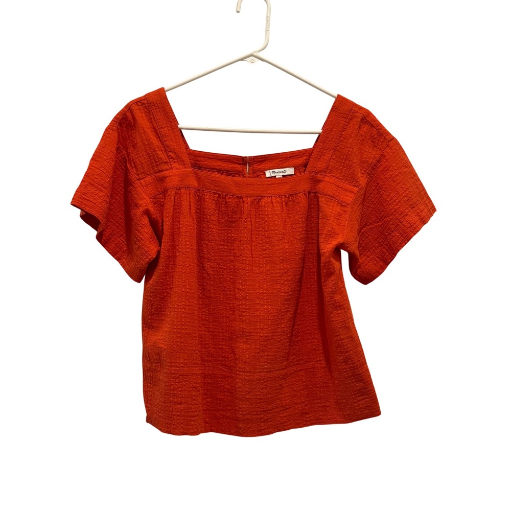 Madewell Square Neck Dobby Top Women XS Orange Guaze Cotton Short Sleeve Texture
